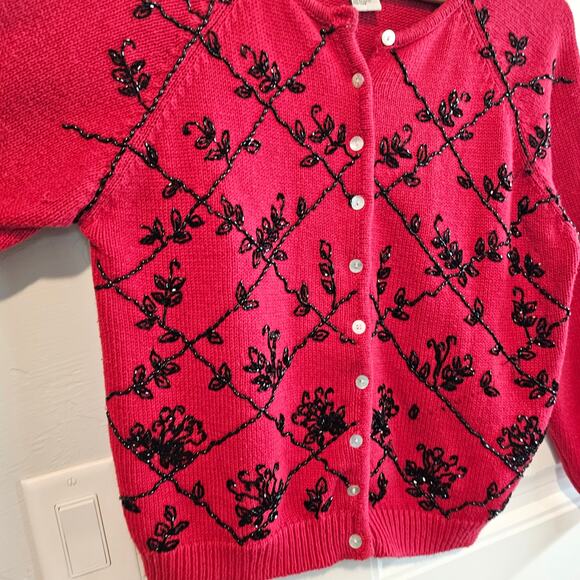 Vintage Tiara Cardigan Womens Large 90s Red Floral Beaded Holiday Party Glam - Picture 3 of 9